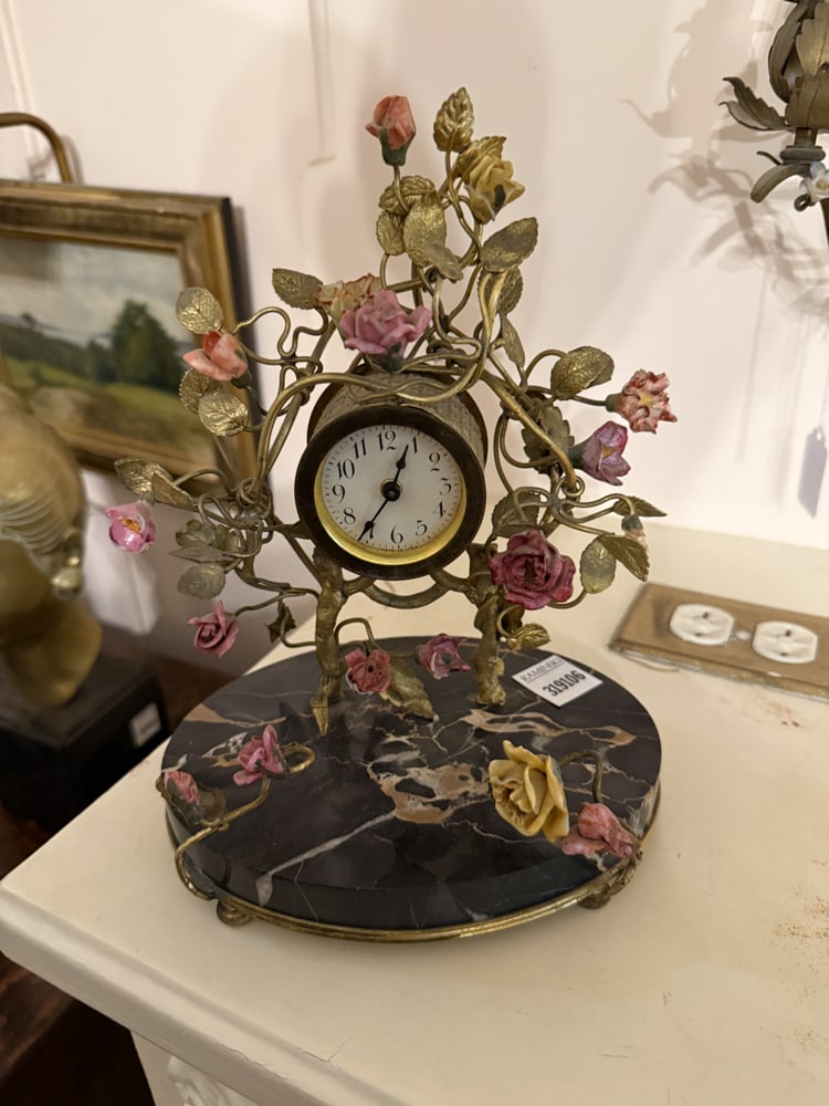 Mantel Clock, Marble and Bronze with Porcelain Flowers: Mantel clock, marble and bronze with porcelain flowers, 10" x 7 1/2". NOTE: Item to be picked up at 64 East 80th St., New York, NY. Deadline for pick-up is July 31st. Please call our front desk at 978