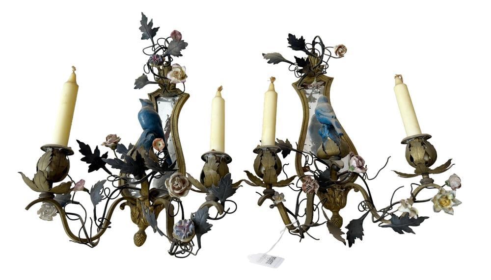 Pair of Late 19thC French Mirrored Sconces: Pair of late 19th century French mirrored sconces with porcelain flowers and birds, 12" x 11". Missing part of mirror. NOTE: Item to be picked up at 62 East 80th St., New York, NY. Deadline for pick-u