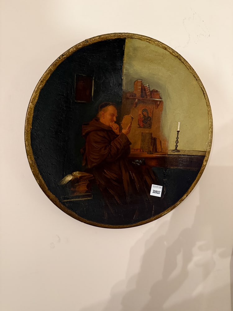 European Pottery with Painting of Monk: European pottery with painting of monk, 16? diameter. NOTE: Item to be picked up at 64 East 80th St., New York, NY. Deadline for pick-up is July 31st. Please call our front desk at 978-927-2223 to sch