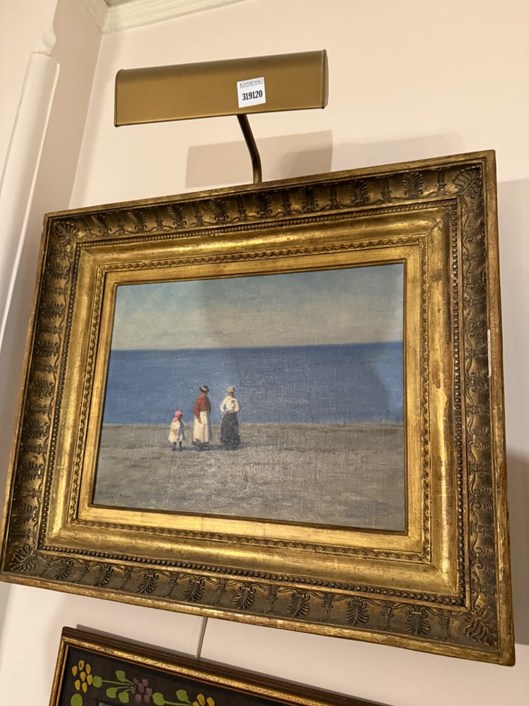 W.E. Norton, Women and Child on Beach, Oil on Canvas: William Edward Norton (English, 1843-1916), untitled, two women in traditional dress with a child on a beach before a calm sea, oil on canvas, signed "W E Norton, Atelier" L/L, 12" x 16", in giltwood 