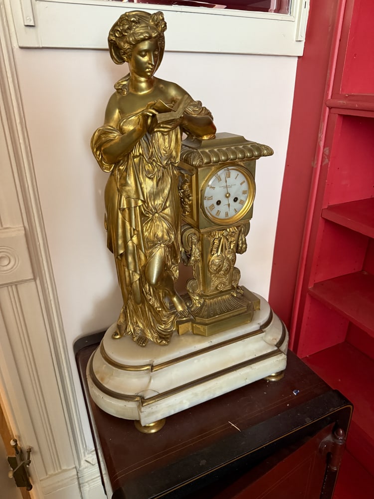 19thC French Charpentier Bronze Clock on Marble Base: 19th century French bronze clock on white marble base, Charpentier Et Cie, Paris, 26" x 17" x 9". NOTE: Item to be picked up at 64 East 80th St., New York, NY. Deadline for pick-up is July 31st. Pleas