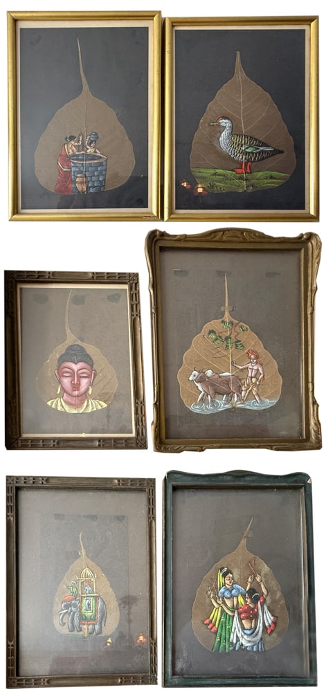 Indian Paintings On Leaves: Indian paintings on leaves, (6) total, largest 10". NOTE: Item to be picked up at 64 East 80th St., New York, NY. Deadline for pick-up is July 31st. Please call our front desk at 978-927-2223 to sched
