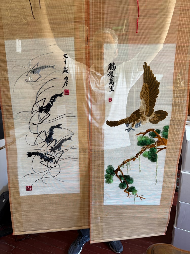 Two Japanese Embroidered Scrolls: Two Japanese embroidered scrolls, 58" x 19". NOTE: Item to be picked up at 62 East 80th St., New York, NY. Deadline for pick-up is July 31st. Please call our front desk at 978-927-2223 to schedule pic