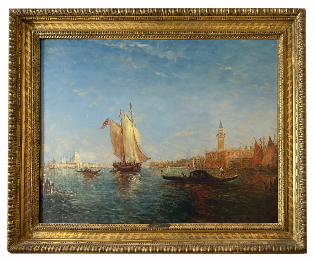Felix Ziem, View from Venice Harbor, Oil on Canvas: Felix Francois George Philibert Ziem (French, 1821?1911), labeled "A Venetian Revery", view from Venice Harbor, looking north toward St. Marks, a large sailing ship with gondola traffic about it domin