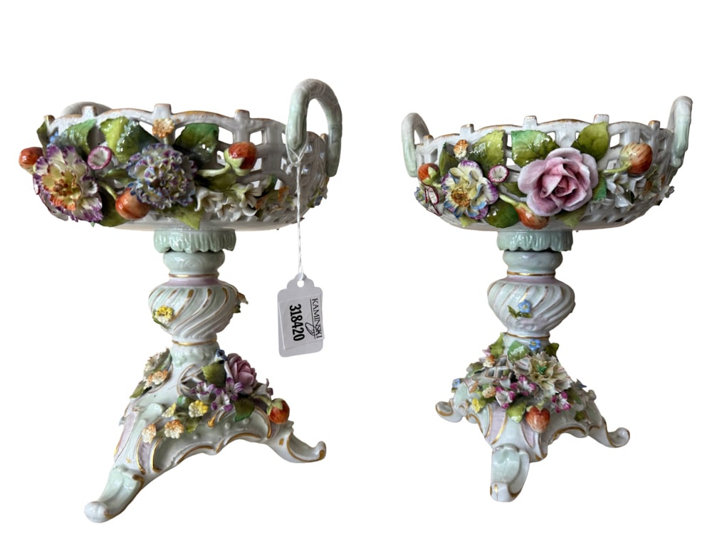 Pair of German Dresden-Style Porcelain Compotes: Pair of German Dresden-style porcelain compotes, 9 1/2" x 7". NOTE: Item to be picked up at 64 East 80th St., New York, NY. Deadline for pick-up is July 31st. Please call our front desk at 978-927-222