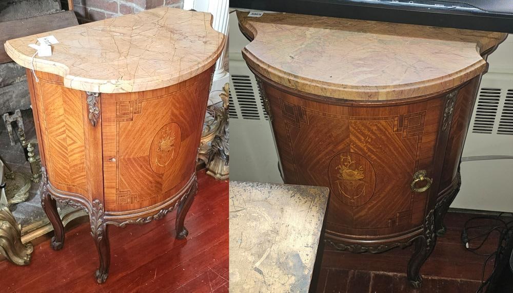 Pair of French Regency Marble Top Cabinets: Pair of French Regency marble-top cabinets, 31" x 20" x 12". NOTE: Item to be picked up at 62 East 80th St., New York, NY. Deadline for pick-up is July 31st. Please call our front desk at 978-927-2223