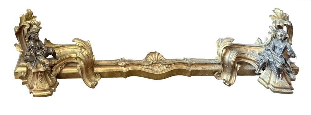 19thC French Dore Bronze Chenets Fender: 19th century French dore bronze chenets fender, 14" x 54" x 16". NOTE: Item to be picked up at 64 East 80th St., New York, NY. Deadline for pick-up is July 31st. Please call our front desk at 978-927-