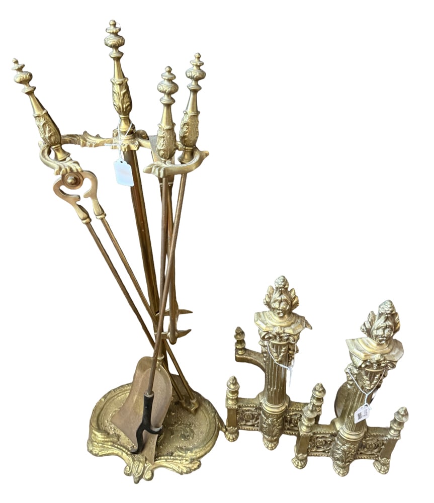 Pair of French Brass Andirons, and Tools (1 of 2)