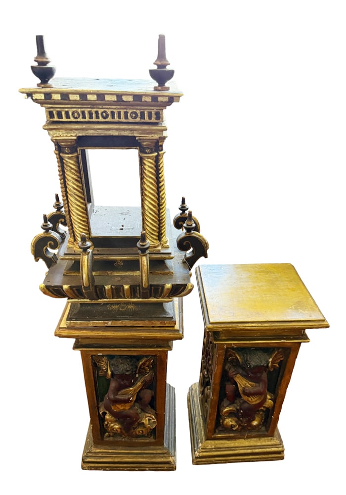 Antique Cabinets on Pedestal, Gold and Black: Antique cabinets on pedestal, gold and black, 44" x 13" x 15". NOTE: Item to be picked up at 64 East 80th St., New York, NY. Deadline for pick-up is July 31st. Please call our front desk at 978-927-22