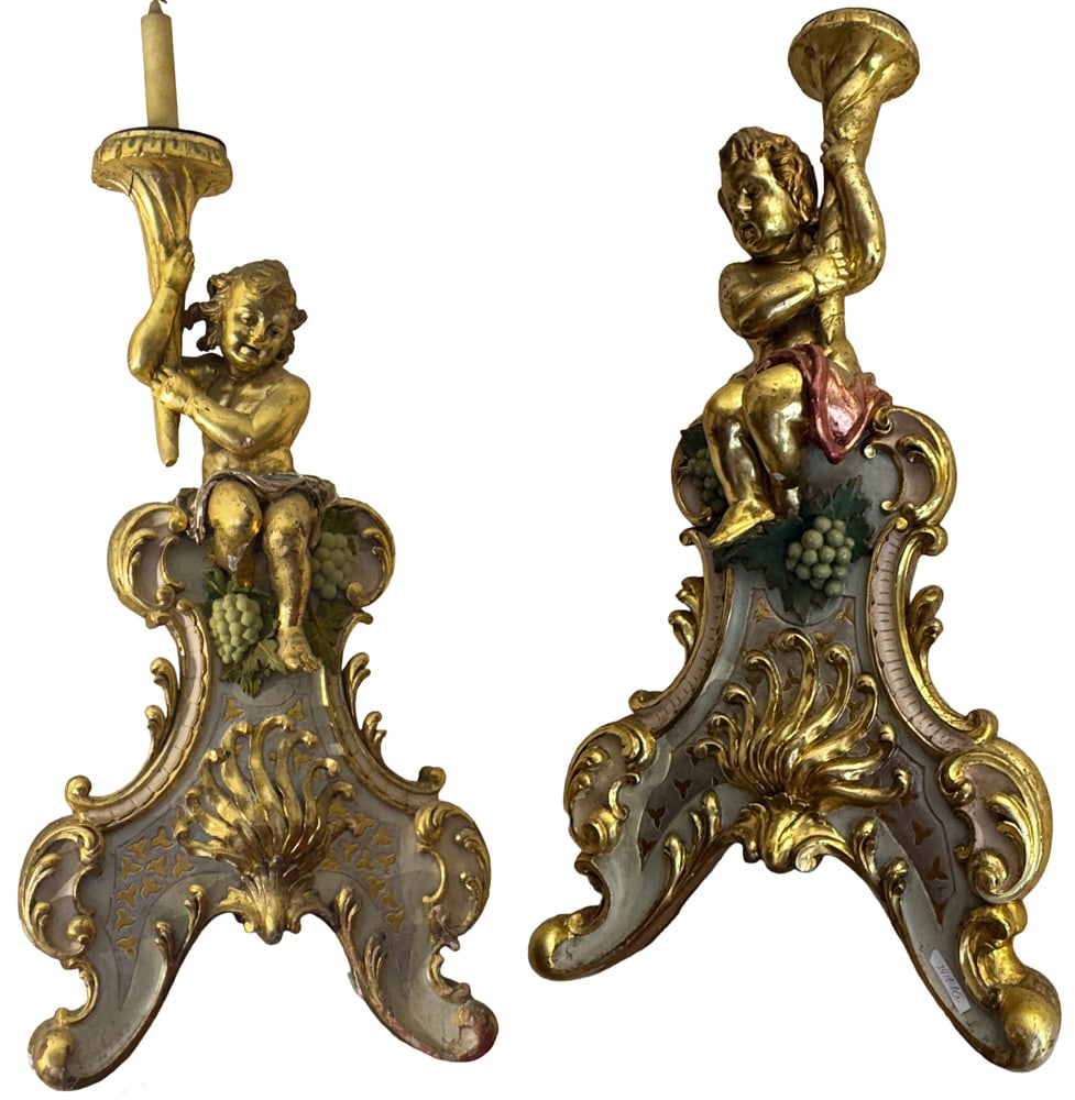 Pair of Early 19thC Italian Baroque Carved Putti: Pair of early 19th century Italian Baroque carved giltwood putti, 43" x 22". NOTE: Item to be picked up at 62 East 80th St., New York, NY. Deadline for pick-up is July 31st. Please call our front desk