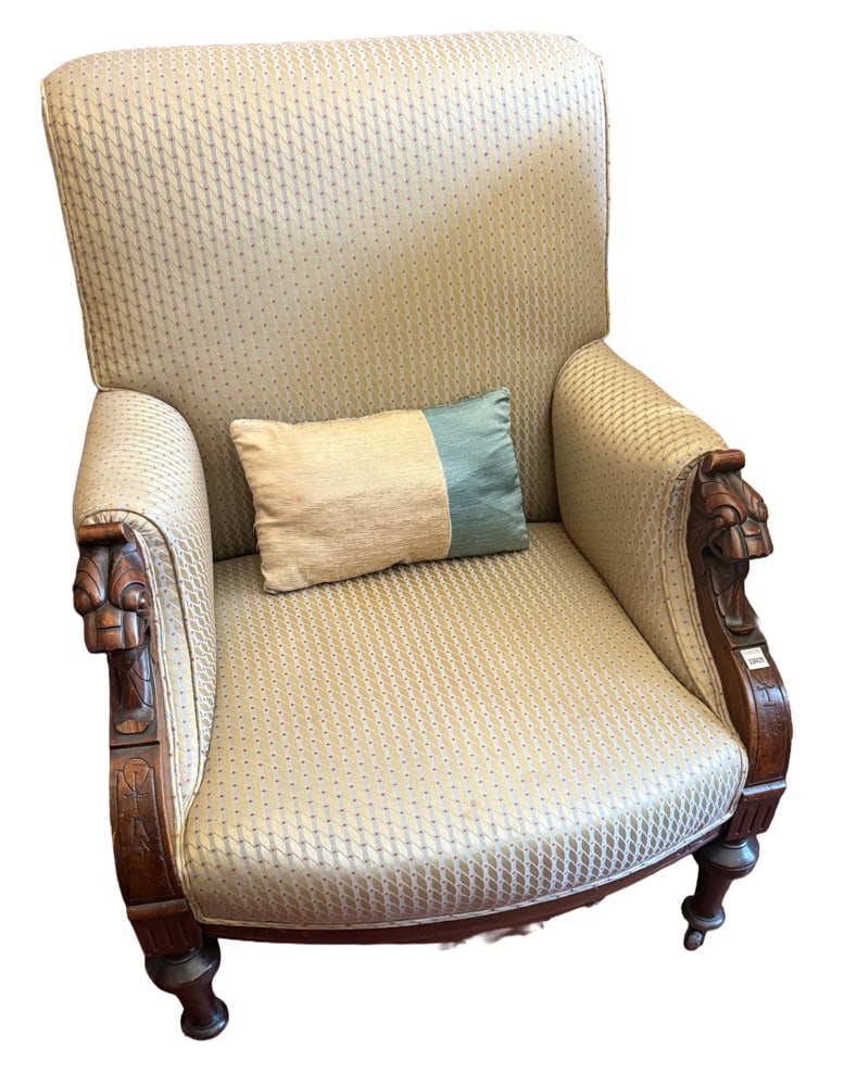 19thC Carved Griffin Heads Armchair: 19th century carved griffin heads armchair. NOTE: Item to be picked up at 64 East 80th St., New York, NY. Deadline for pick-up is July 31st. Please call our front desk at 978-927-2223 to schedule pick
