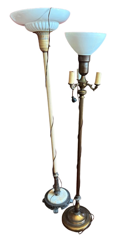 Two Antique Floor Lamps: Two antique floor lamps, 60", 66". Chip on one shade. NOTE: Item to be picked up at 64 East 80th St., New York, NY. Deadline for pick-up is July 31st. Please call our front desk at 978-927-2223 to sch