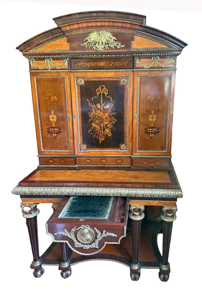 19thC French Inlaid Louis XV Style Secretary: 19th century French inlaid Louis XV style secretary, having King Louis XV bronze medallion, 76" H x 42" x 23". NOTE: Item to be picked up at 64 East 80th St., New York, NY. Deadline for pick-up is Jul