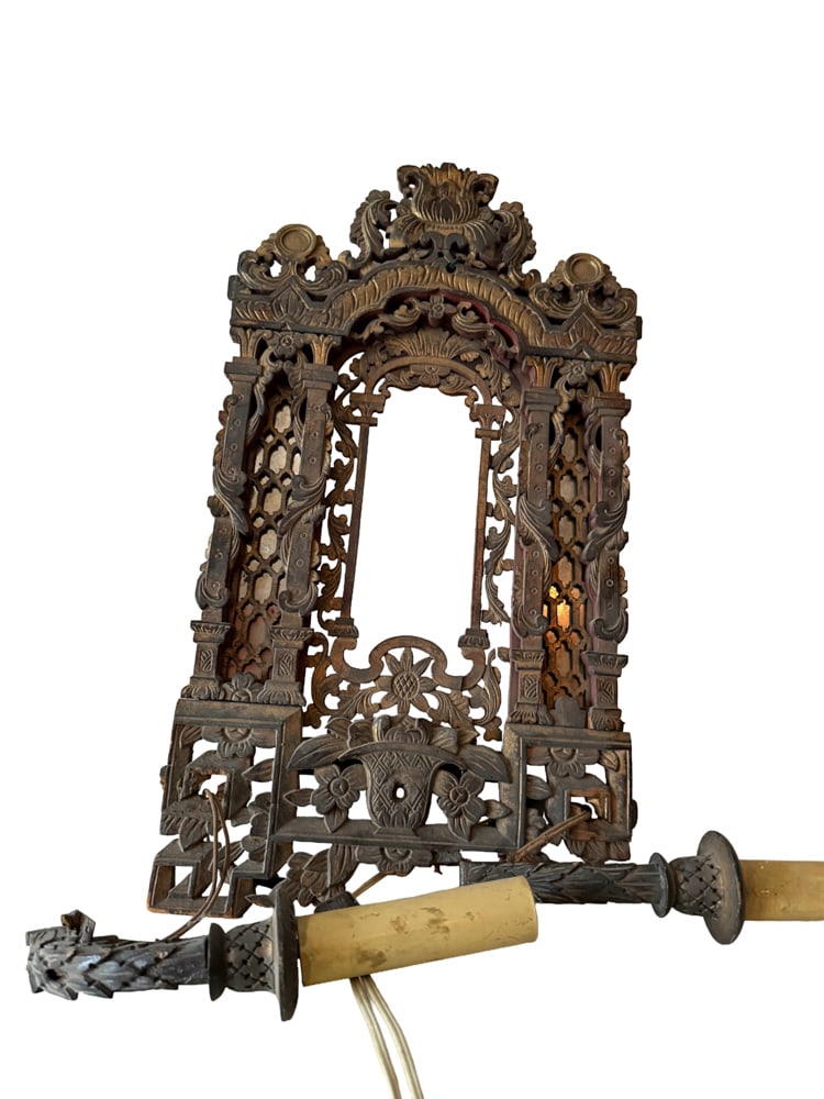 19thC Chinese Carved Double Sconce: 19th century Chinese carved double sconce, 24" x 13". As Is. NOTE: Item to be picked up at 64 East 80th St., New York, NY. Deadline for pick-up is July 31st. Please call our front desk at 978-927-2223