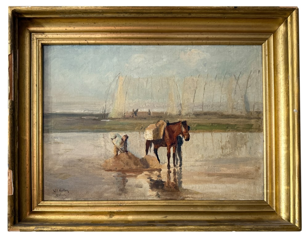 W.E. Norton, Man Harvesting Salt, Oil on Canvas: William Edward Norton (English, 1843-1916), untitled, man in a salt flat shoveling salt from a pile into baskets on a horse on the beach, poles with nets clearly visible in the background, oil on