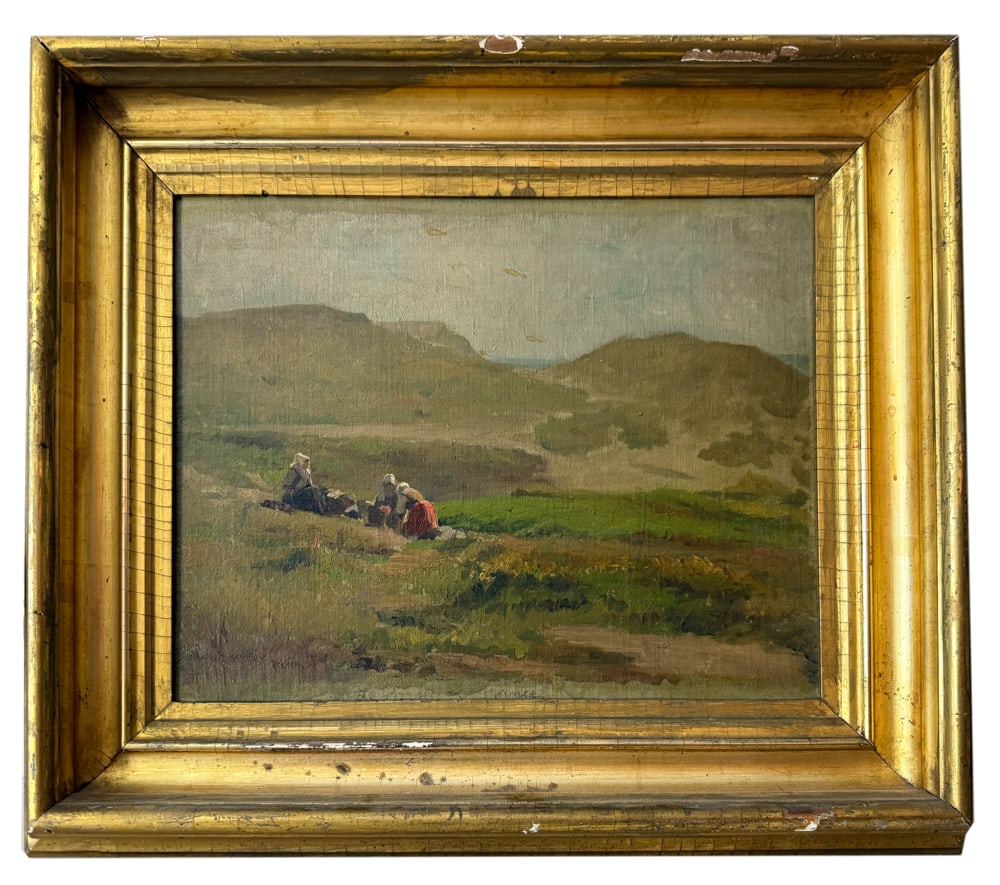 W.E. Norton, Women in Field, France, Oil on Canvas: William Edward Norton (English, 1843-1916), Le Poirec France, group of three peasant women working in a field, oil on canvas, signed "W E Norton, Atelier" L/L, 11" x 15", in giltwood frame 18" x 22