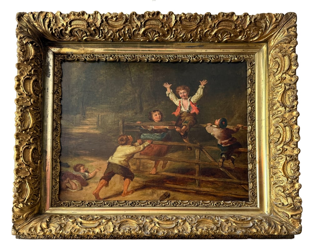 19thC American, Children Playing, Oil on Canvas: 19th century American, children playing on fence, oil on canvas 20" x 24", frame 29" x 34". NOTE: Item to be picked up at 64 East 80th St., New York, NY. Deadline for pick-up is July 31st. Please