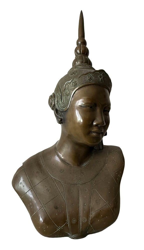 Bronze Bust Sculpture of Young Woman, Thai: Bronze bust sculpture of a young woman (Thai), 19" x 9 1/2". NOTE: Item to be picked up at 64 East 80th St., New York, NY. Deadline for pick-up is July 31st. Please call our front desk at 978-927-2223