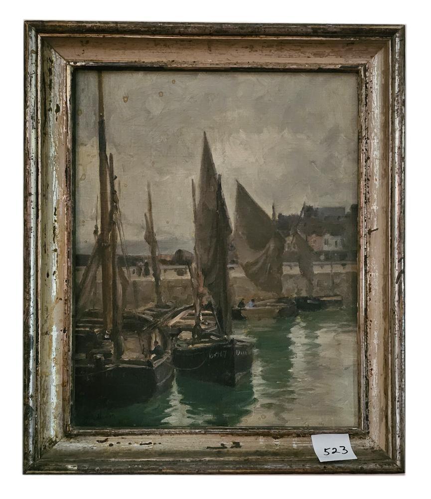 19thC American School, Two Ships in Harbor: 19th century American School, untitled, two ships moored in harbor, oil on canvas, no visible signature, 15 1/2" x 11 1/2", in giltwood frame 20 1/2" x 16 1/2". NOTE: Item to be picked up at 62 East 8
