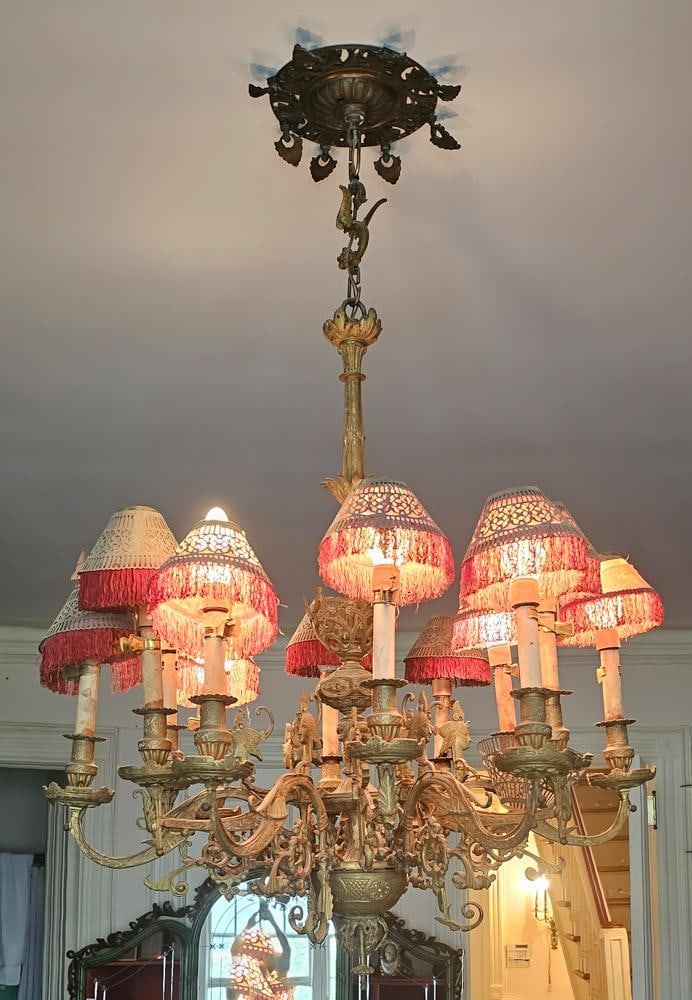 19thC Egyptian Brass Chandelier with Devils: 19th century Egyptian brass chandelier having various devils throughout, 47" H x 30" diameter. NOTE: Item to be picked up at 62 East 80th St., New York, NY. Deadline for pick-up is July 31st. Please c