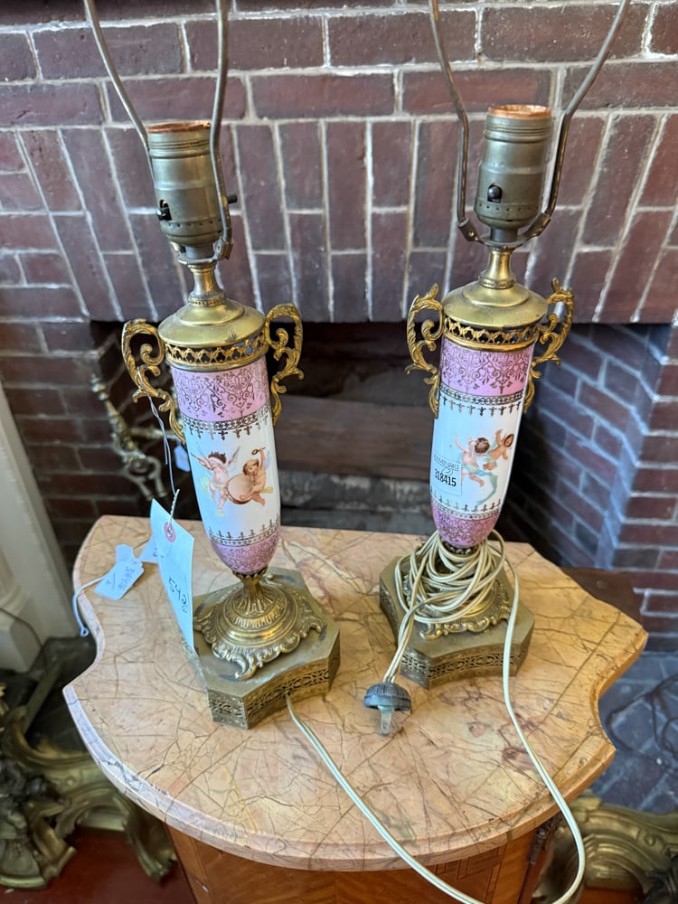 Pair of French Porcelain Lamps: Pair of French porcelain lamps, 21" x 4". Working. NOTE: Item to be picked up at 64 East 80th St., New York, NY. Deadline for pick-up is July 31st. Please call our front desk at 978-927-2223 to