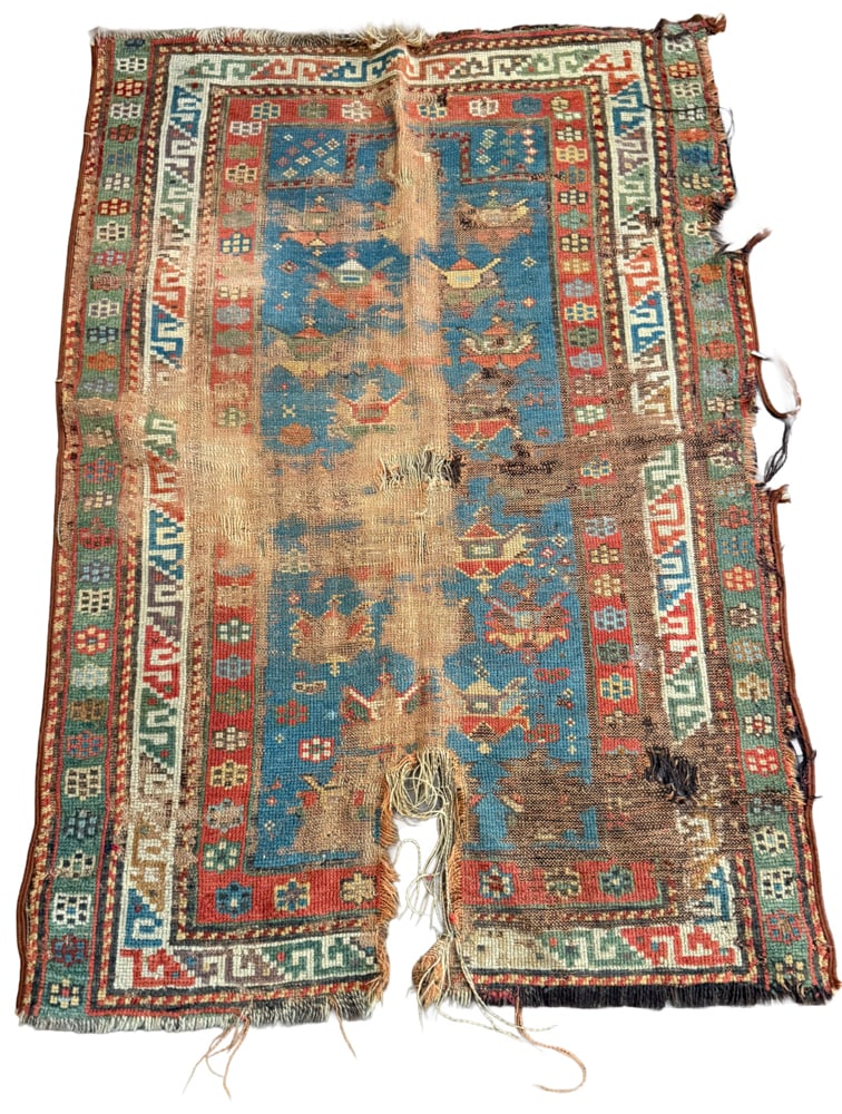 Antique Caucasian Rug with Unusual Design: Antique Caucasian rug with unusual design, 2' 10" x 2' 5". Worn. NOTE: Item to be picked up at 62 East 80th St., New York, NY. Deadline for pick-up is July 31st. Please call our front desk at