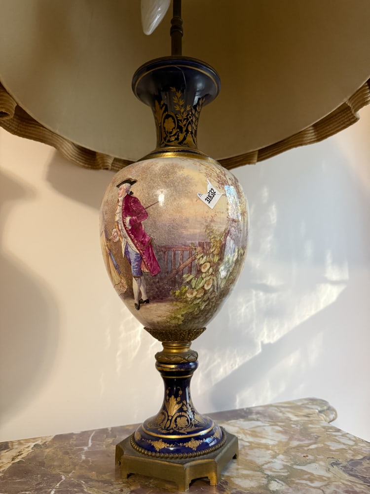 Pair of 19thC Dresden Lamps: Pair of 19th century Dresden lamps 35" x 7". NOTE: Item to be picked up at 62 East 80th St., New York, NY. Deadline for pick-up is July 31st. Please call our front desk at 978-927-2223 to schedule pic