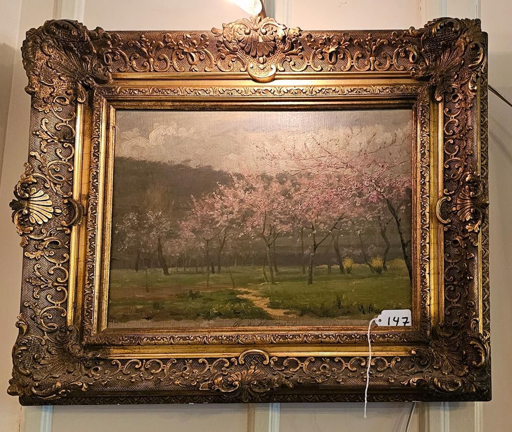 W.E. Norton, Landscape with Blooming Trees, Oil on Canvas: William Edward Norton (English, 1843-1916), landscape of a stand of red blooming trees with path in front, large hill in background, oil on canvas, no visible signature, 11" x 16", framed 18" x 22". N