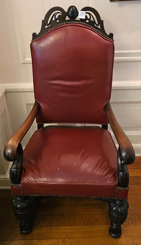 17thC Style Dutch Highback Wood and Red Leather Chair (1 of 1)