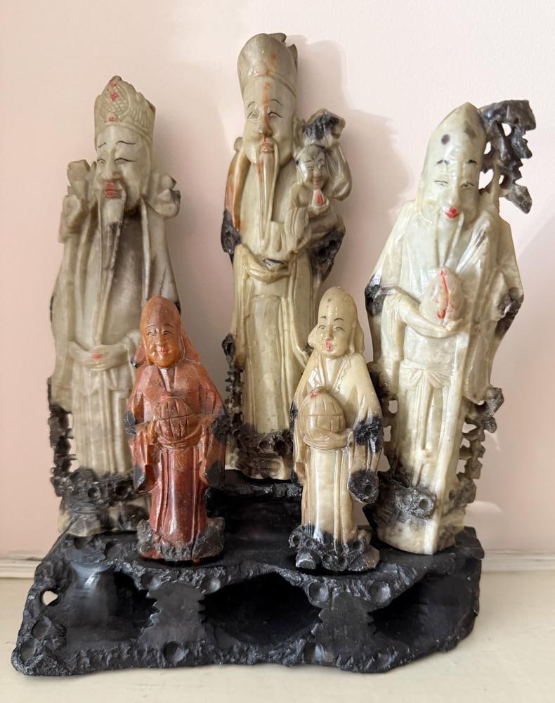 Old Chinese Soapstone Shou Lao Longevity Group: Old Chinese soapstone Shou Lao longevity group, 9" x 7". NOTE: Item to be picked up at 62 East 80th St., New York, NY. Deadline for pick-up is July 31st. Please call our front desk at 978-927-2223 to 