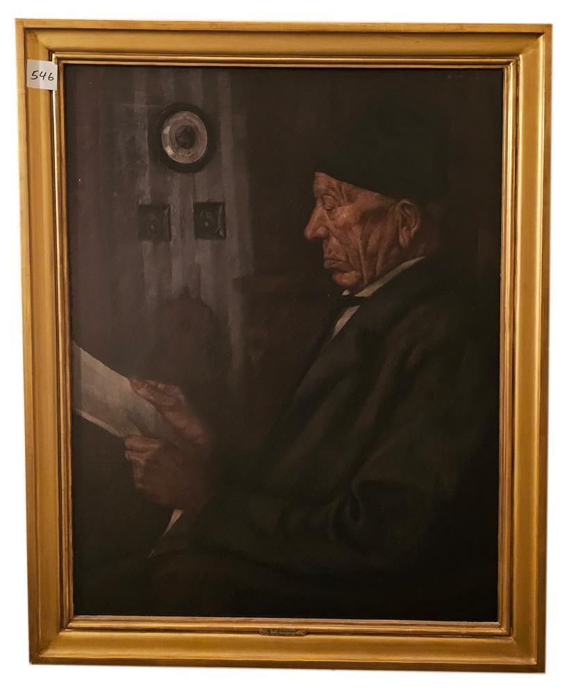 G.T. Stoskopf, Gentleman Reading Paper, Oil on Canvas: G.T. Stoskopf (French, 20th century), portrait of elderly gentleman reading paper, wearing black hat, dark jacket, and white shirt, oil on canvas, signed "Stoskopf, 1922", plate reads "GT Stoskopf, Br