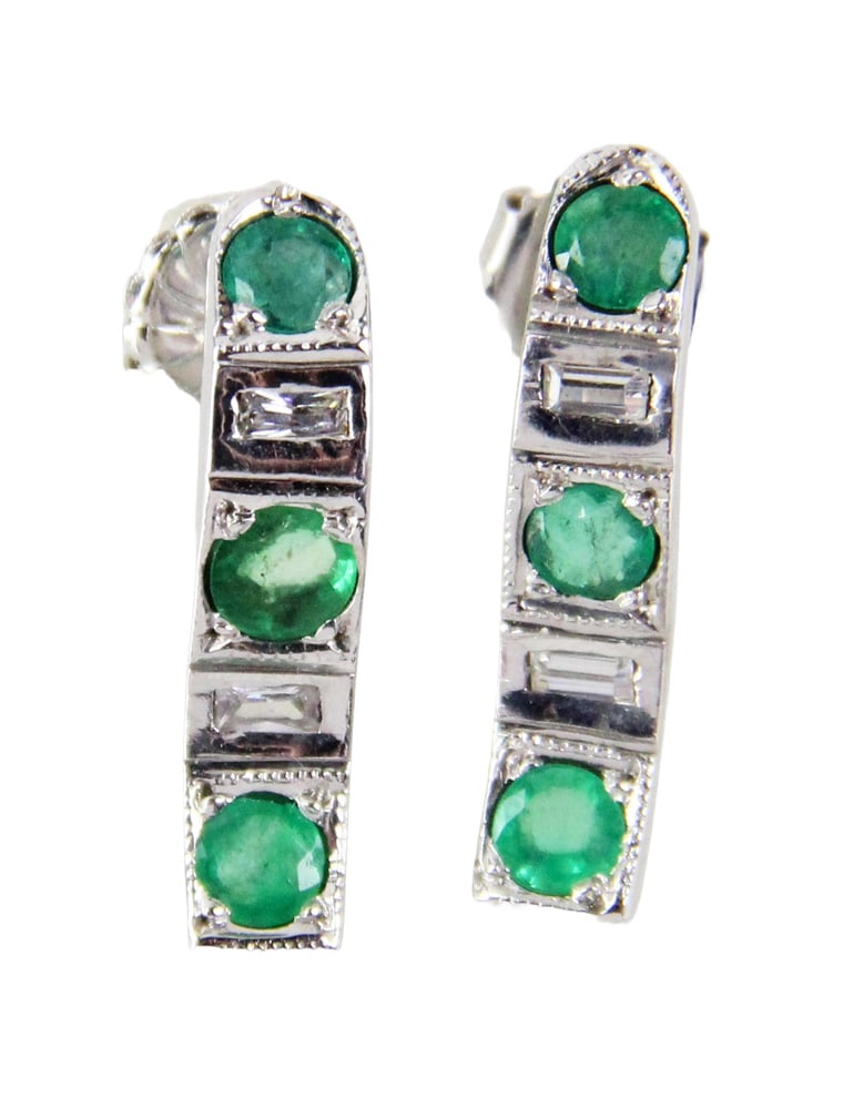 Pair of 14k White Gold, Diamond, and Emerald Earrings: Pair of 14k white gold, diamond, and emerald earrings, 1" H. Approximately 4.1 grams TW. Provenance: Gloucester, Massachusetts collection. PLEASE NOTE: payment for silver, gold, jewelry, and coins