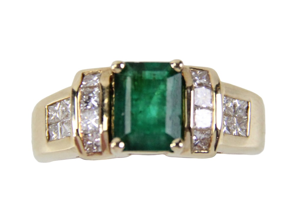 14k Yellow Gold, Diamond, and Emerald Ring: 14k yellow gold, diamond, and emerald ring, diamonds approximately 0.80 ctw, emerald approximately 1.75 ct, ring size 7 1/4. Approximately 5.9 grams TW. Provenance: Gloucester, Massachusetts