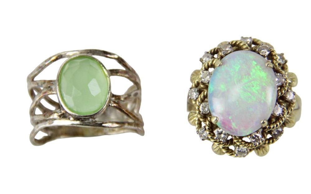 14k Gold Diamond and Opal Ring, Sterling and Green Stone Ring (1 of 7)