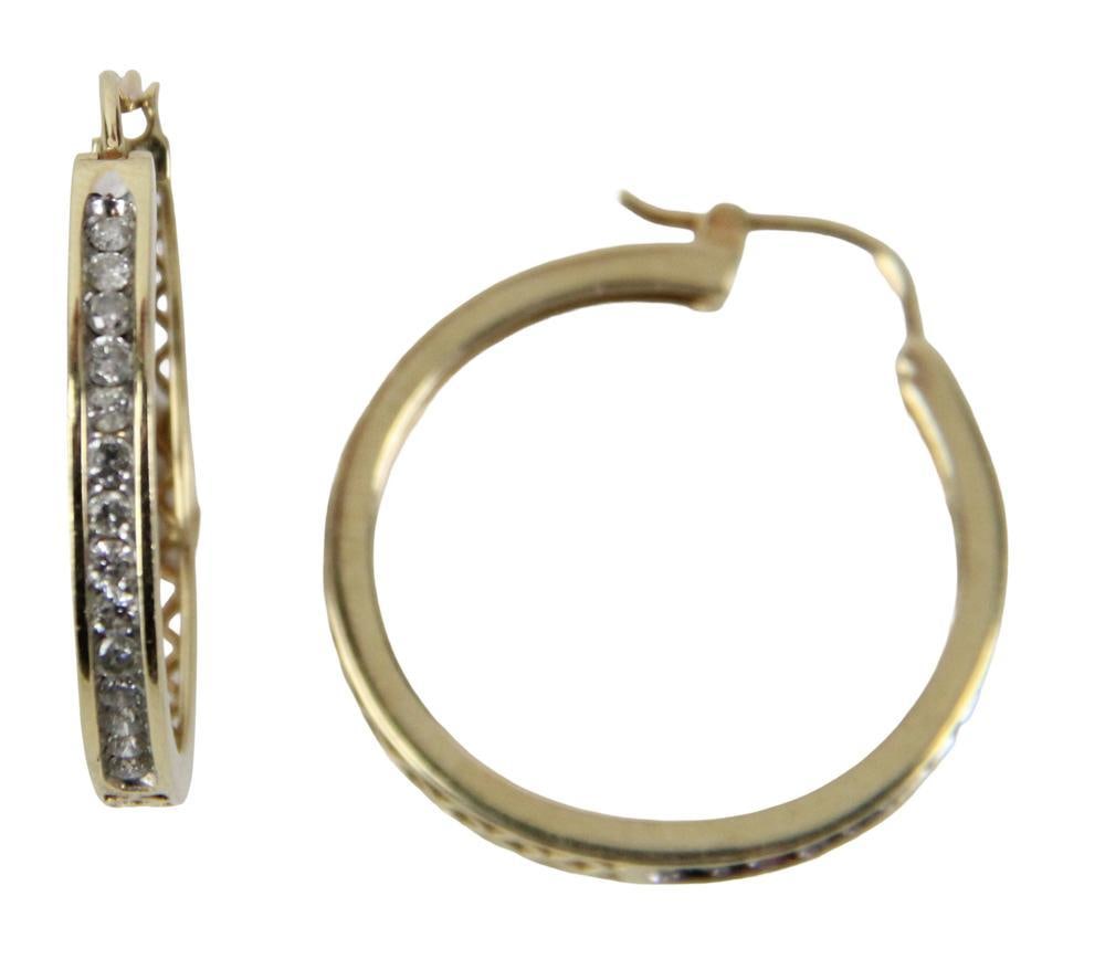 Pair of 14k Yellow Gold and Diamond Earrings: Pair of 14k yellow gold and diamond earrings, 1 1/8" diameter. Approximately 7.0 grams TW. Provenance: Littleton, Massachusetts collection. PLEASE NOTE: payment for silver, gold, jewelry, and coins mu