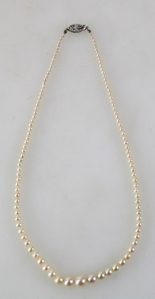 Ladies' Graduated Pearl Necklace with 14k Gold Diamond Clasp: Ladies' graduated pearl necklace with 14k white gold and diamond clasp, 16" L, pearls approximately 2.5 to 8.0 mm, in original white leather case by Goldstein, Swank and Gordon. Provenance: