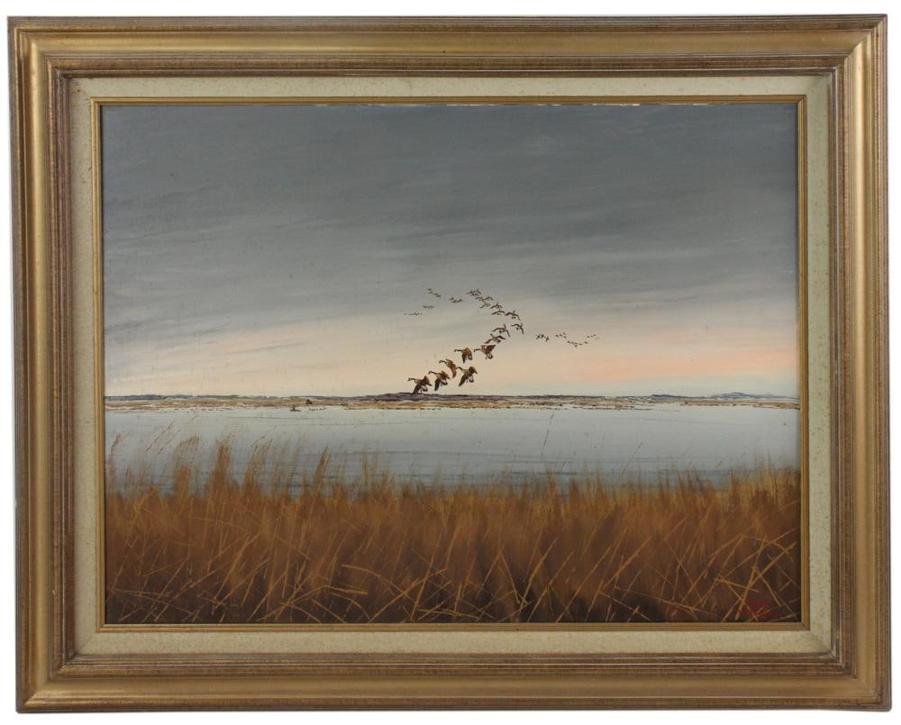 Hank Walker, Flock of Canada Geese, Oil on Canvas: Hank Walker (North Shore, Massachusetts artist, 1919-1995), flock of Canada Geese in landing, oil on canvas, 17" x 23", framed 23" x 29".