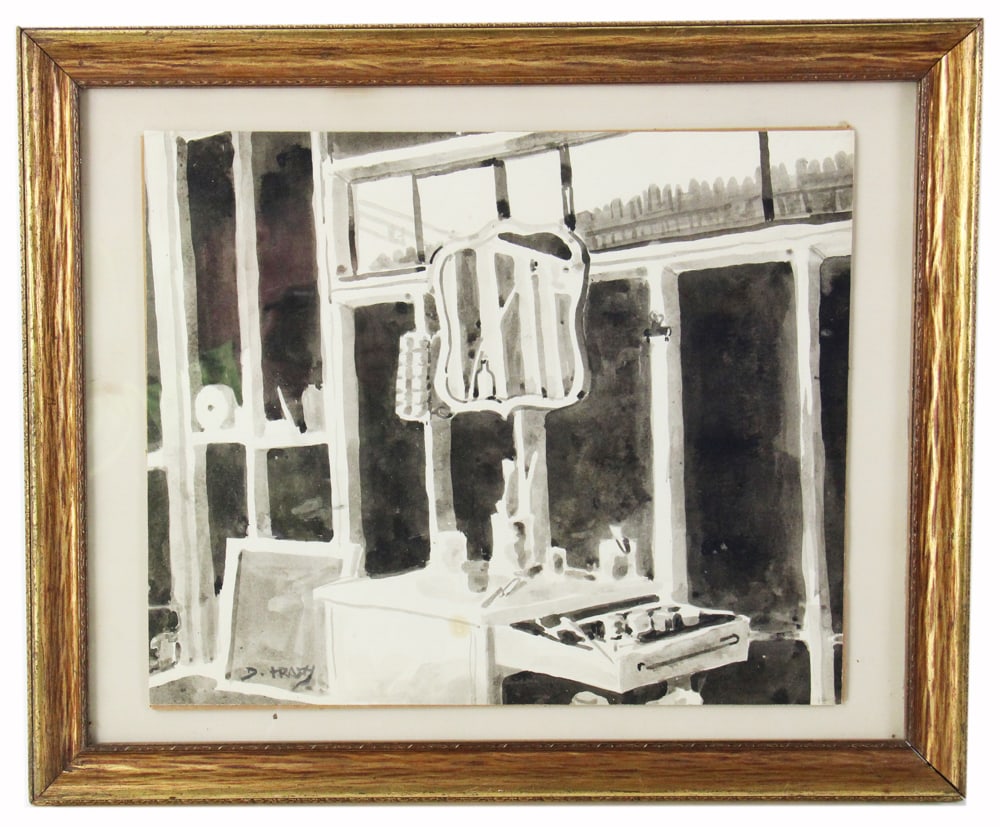 Dox Thrash, Studio Still Life, Ink Wash on Paper: Dox Thrash (American, 1893-1965), "Studio Still Life", ink wash on paper, signed L/L, 13 1/2" x 16 1/2" (view), framed 18" x 22 1/2". Provenance: South Hamilton, Massachusetts collection.