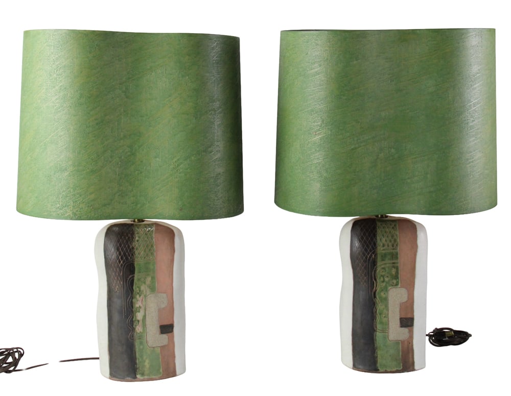 Pair of Mid-Century Lamps with Shades: Pair of mid-century lamps, C and G, with shades, 28" x 11" x 17". Provenance: From an old New England estate.