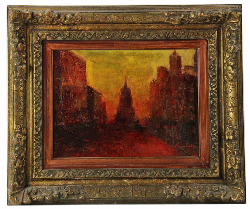 View of Manhattan, "Sunset", Oil on Board: View of Manhattan, "Sunset", oil on board, signed indistinctly L/R and verso, circa 1950, 8 1/2" x 11 1/2", framed 16" x 19". Provenance: Swampscott, Massachusetts collection.