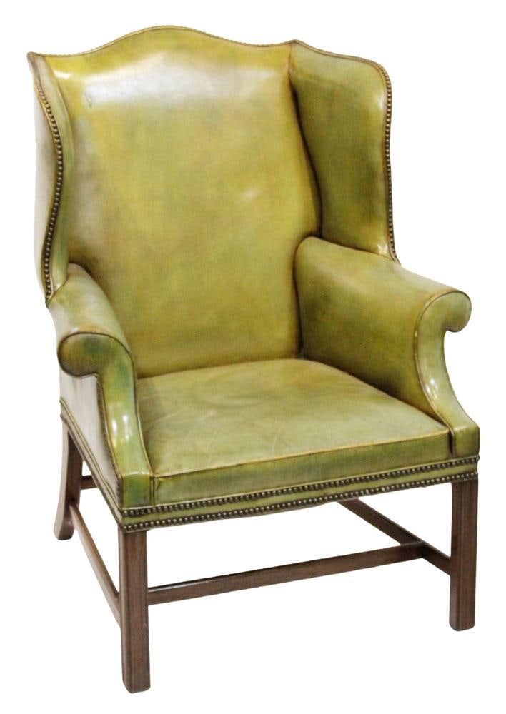 Antique English Green Leather Wing Chair (1 of 7)
