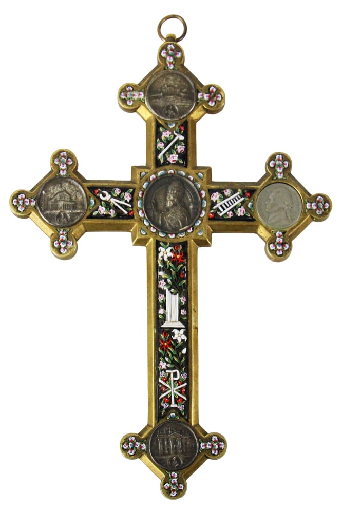 Italian Brass Micromosaic Crucifix with Fresco Inserts (1 of 8)