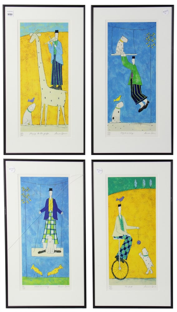 Four Silkscreen Prints by Annora Spence: Group of (4) silkscreen prints by Annora Spence (British), including: playing to the giraffe, 195/195; dog on a swing, 195/195; woman on a swing, 141/195; The Yo Yo, 195/195. All 24" x 13". Provenance