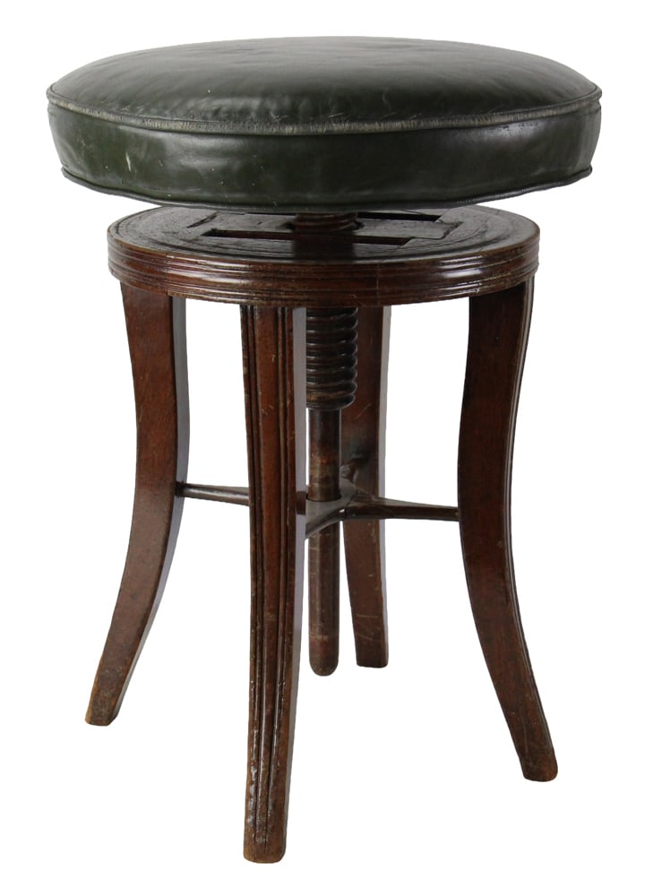 19thC English Leather-top Adjustable Swivel Stool: 19th century English leather-top adjustable swivel stool, 18" H x 15" diameter. Provenance: Palm Beach, Florida estate.