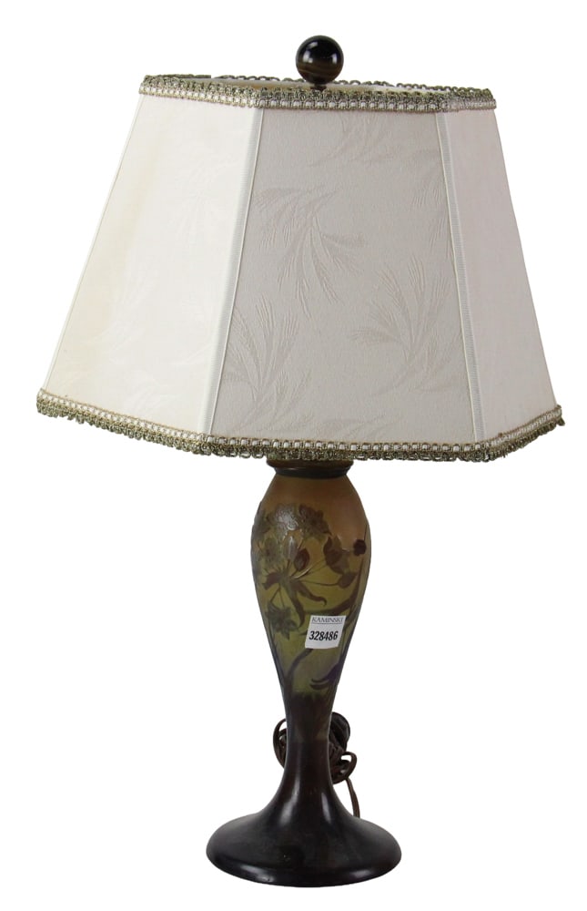 Galle Art Glass Vase Lamp: Galle art glass vase lamp, vase 11" x 5", overall 22" x 5". Provenance: Swampscott, Massachusetts collection.