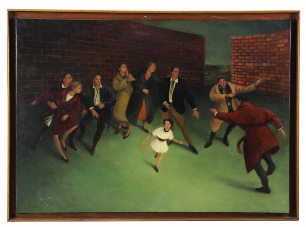 Anne-Francoise Couloumy, "Ou Vont-ils?", Oil on Canvas: Anne-Francoise Couloumy (French, b.1961), "Ou Vont-ils?" (where are they going), oil on canvas, signed L/L, 1993, Galerie des Coches, France gallery stamp verso, 18" x 25 1/2", framed 19 3/4" x 27 1/4