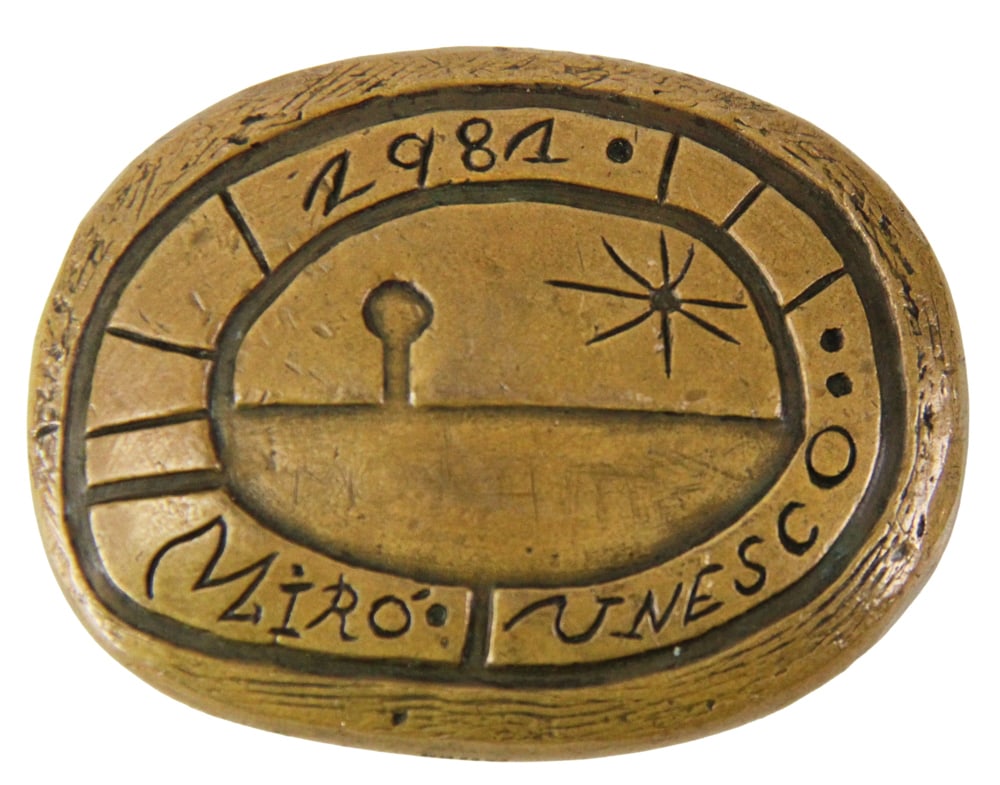 Joan Miro Designed Medal for Anniversary of Picasso's Birth: Joan Miro designed bronze commemorative medal for Unesco, created to celebrate the 100th anniversary of Pablo Picasso's birth in 1981, 2 1/4" x 1 3/4". Provenance: Beverly, Massachusetts collection.