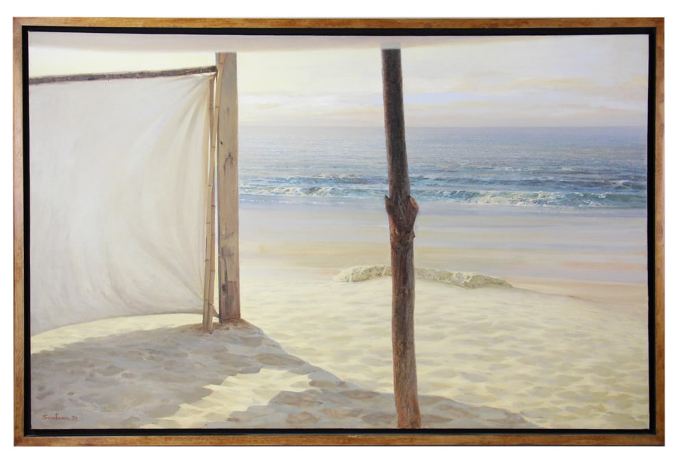 Enrique Santana, "Espacio Intimo", Oil on Canvas: Enrique Santana (Spanish, b.1947), "Espacio Intimo Para Borysek", beach view, oil on canvas, signed L/L and dated '93, 32" x 50", framed 52" x 34". Provenance: South Hamilton, Massachusetts