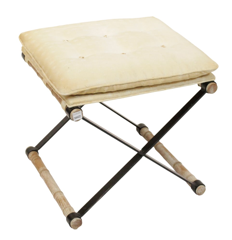X-Base Iron Stool, Cleo Baldon for Terra of California: X-Base iron and faux bamboo stool by Cleo Baldon for Terra of California (1927-2014). Architect/landscape designer. Campaign-style X-base exhibited at Pasadena Art Museum, 1965. 18 1/2" H x 20" W x 17