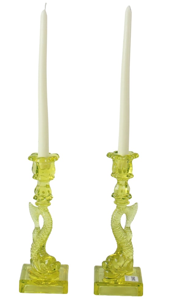 Pair of Vaseline Glass Koi Candlesticks (1 of 10)